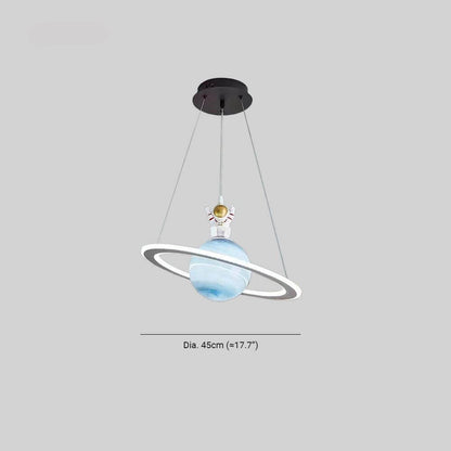 Hanging Space-Themed Fixture for Kids' Rooms Blue Acrylic Spherical Ceiling Lamp with LED Ring Light for Nursery Playroom Bedroom Decor Susp