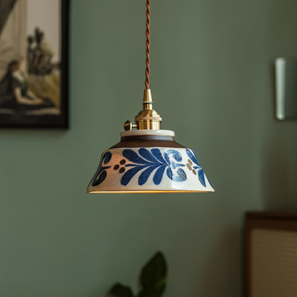 Ceramic Hanging Light Fixture with Unique Floral Designs for Kitchen, Dining Room, Cafe | Artisan Crafted Copper Hardware Pendant Lamp