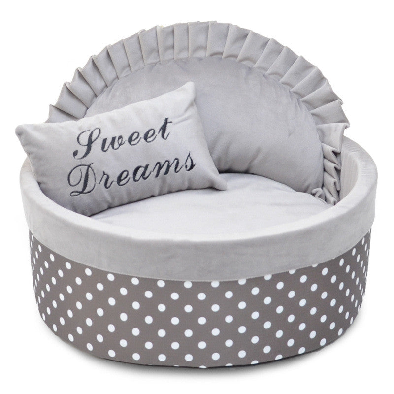 Dog Bed, Cat Bed with Soft Sponge Filling and Polka Dot Cover, Round Pet Bed for Small Cats and Dogs