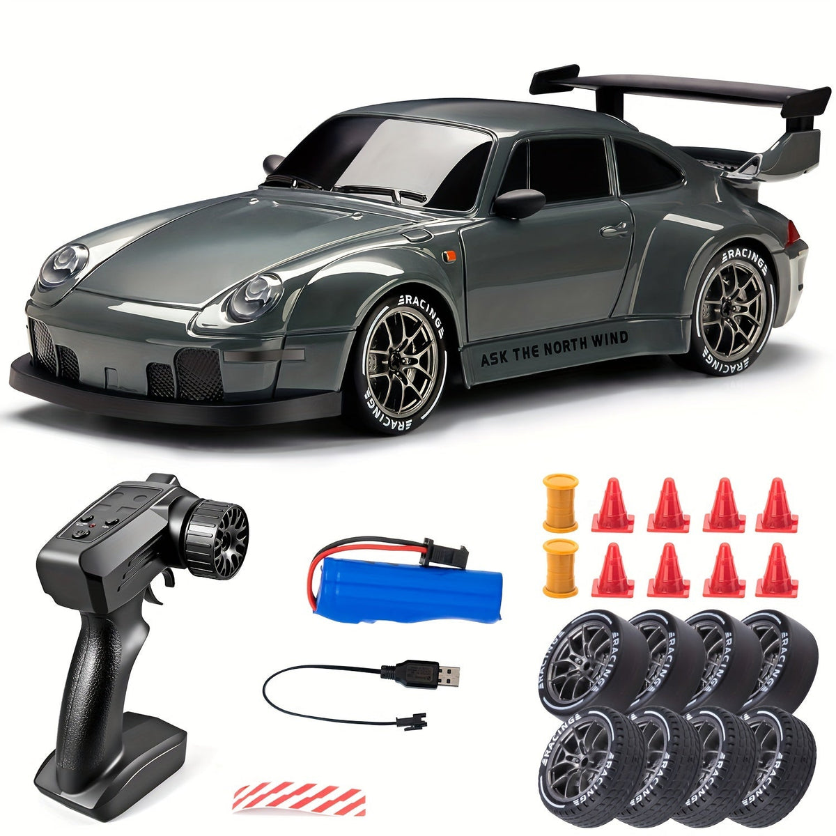 4WD Remote Control Racing Car with Light-Up Wheels – Gray 1:24 Scale Rechargeable Drift Vehicle for Kids & Hobbyists