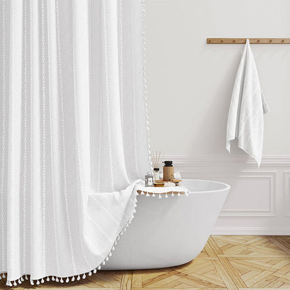Waterproof Bath Curtain with Tassel Trim 71 x 79 Inches Gray Woven Linen Privacy Screen for Bohemian Bathrooms Country Style Decor Machine W