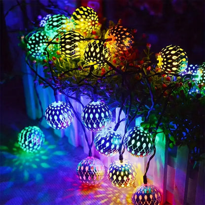 Moroccan Metal Globe String Lights Solar Powered Outdoor Patio Decor 20-30 Warm White LED Orbs Bohemian Weatherproof Garden Balcony