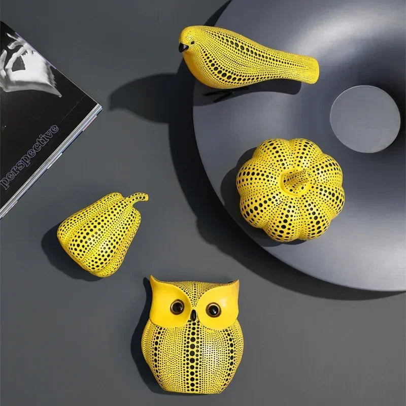 Yellow Resin Figurines Tabletop Accents Set Contemporary Shelf Decor Owl Pear Pumpkin Bird Sculptures 8 Inch Statement Pieces for Coffee Tab