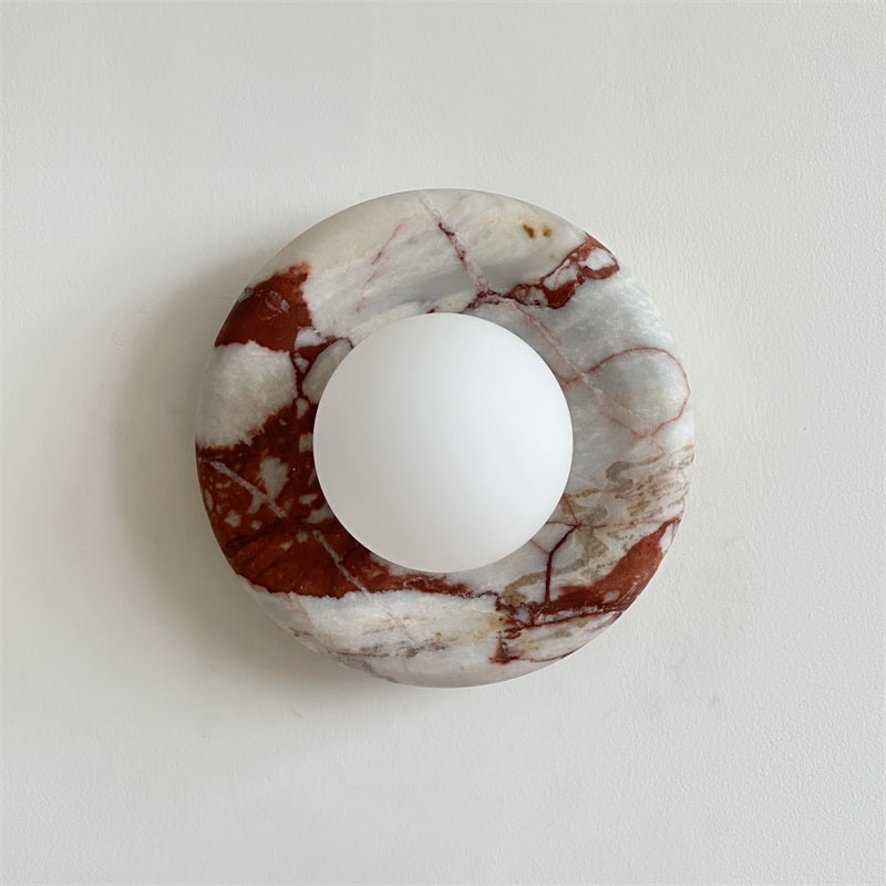 Round Glass Sconce with Natural Stone Backplate – 8-Inch Contemporary Fixture for Entryways, Bedrooms & Corridors