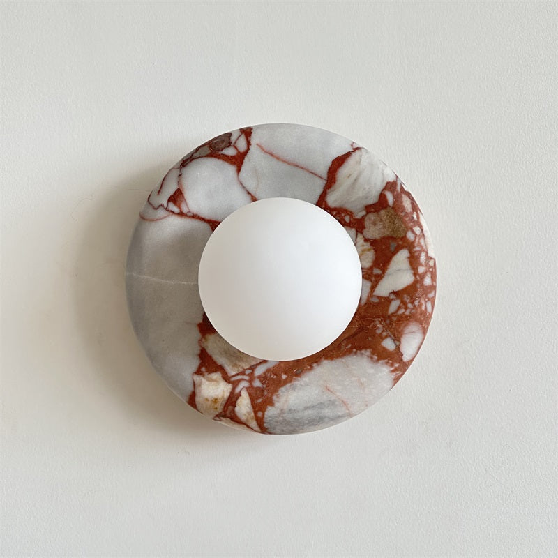 Round Glass Sconce with Natural Stone Backplate – 8-Inch Contemporary Fixture for Entryways, Bedrooms & Corridors