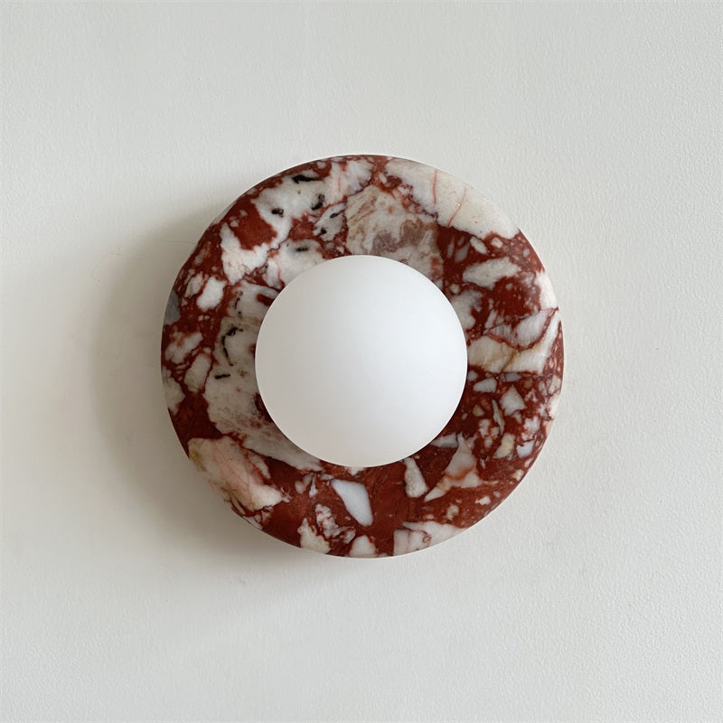 Round Glass Sconce with Natural Stone Backplate – 8-Inch Contemporary Fixture for Entryways, Bedrooms & Corridors