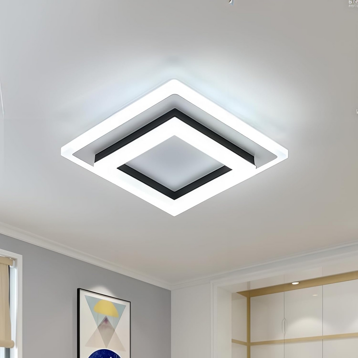 Flush Mount LED Light Fixture Square Layered Design 1920 Lumens for Bedroom Hallway Living Room Kitchen Den Black Gold Finish Contemporary M