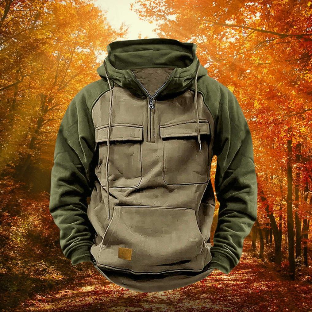 Quarter Zip Pullover Hoodie Men's Lightweight Cotton Blend Kangaroo Pocket Adjustable Hood Casual Outdoor Layering Piece