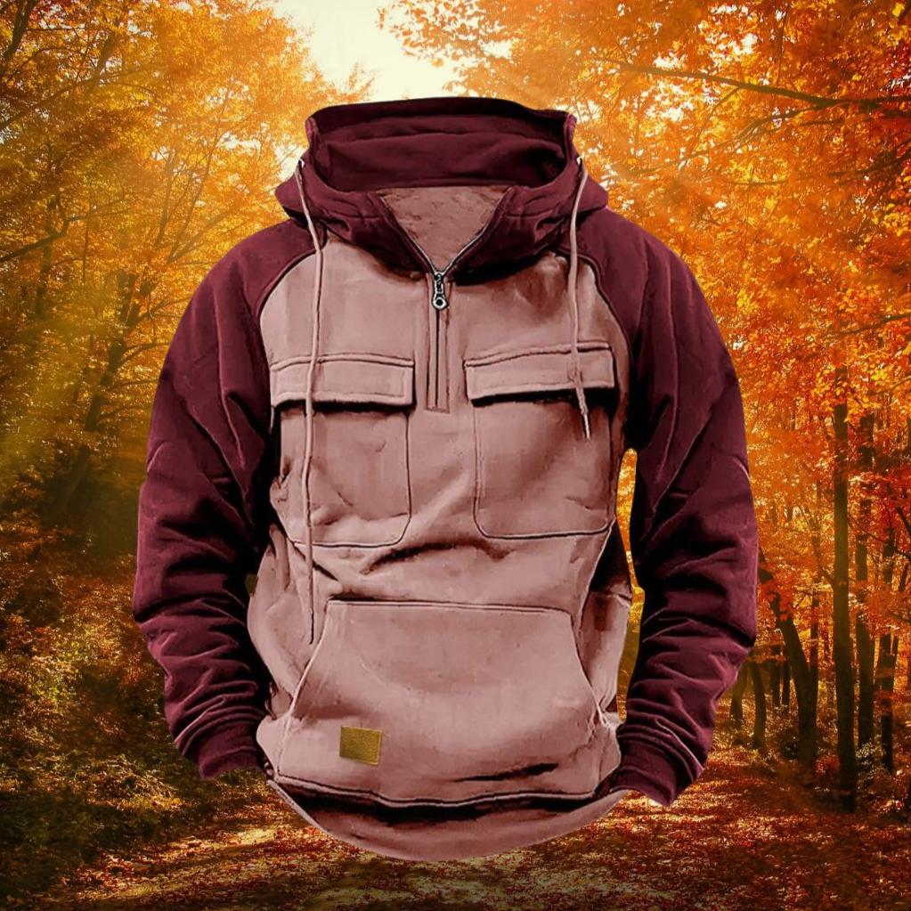 Quarter Zip Pullover Hoodie Men's Lightweight Cotton Blend Kangaroo Pocket Adjustable Hood Casual Outdoor Layering Piece