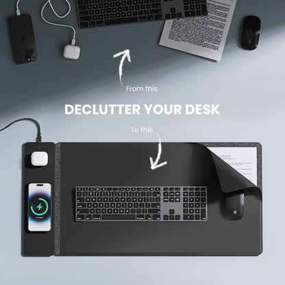 Wireless Charging Desk Pad with Dual Qi Charger & Reversible Surface – Vegan Leather & Felt Mat for Home Office