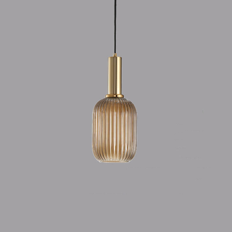 Ribbed Glass Cylinder Hanging Fixture Single-Bulb Suspension Lamp for Kitchen Island Dining Room Entryway