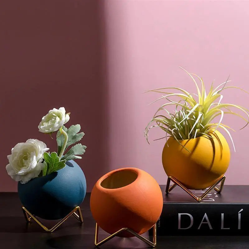 Tabletop Ceramic Planter on Steel Stand – 4 Inch Round Pot for Succulents & Small Plants – Desktop & Shelf Decor for Home Office, Bedroom, K