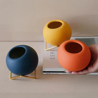 Tabletop Ceramic Planter on Steel Stand – 4 Inch Round Pot for Succulents & Small Plants – Desktop & Shelf Decor for Home Office, Bedroom, K