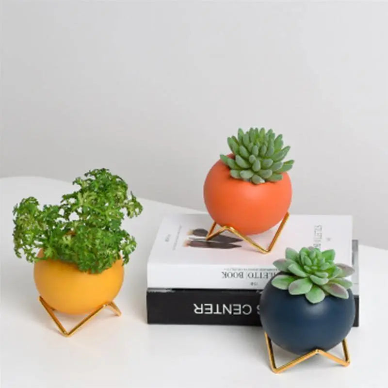 Tabletop Ceramic Planter on Steel Stand – 4 Inch Round Pot for Succulents & Small Plants – Desktop & Shelf Decor for Home Office, Bedroom, K