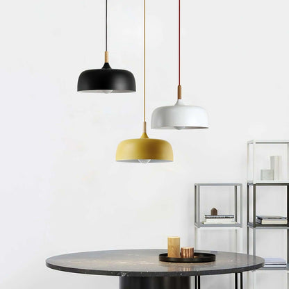 Hanging Ceiling Light Fixture with Wood Trim & Metal Shade for Kitchen Island, Dining Table, Breakfast Bar — Dimmable Compatible, Adjustable