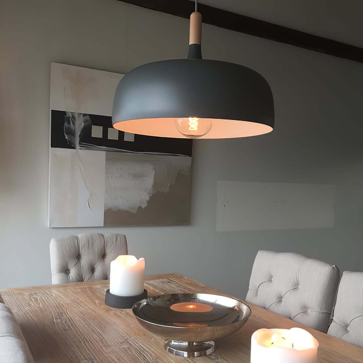 Hanging Ceiling Light Fixture with Wood Trim & Metal Shade for Kitchen Island, Dining Table, Breakfast Bar — Dimmable Compatible, Adjustable