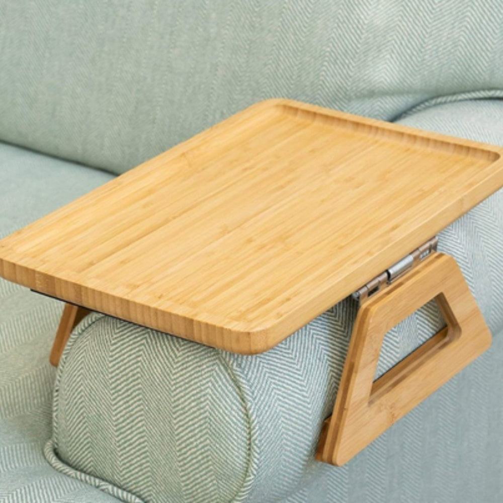 Bamboo Sofa Arm Tray with Adjustable Clip – Couch Side Table for Drinks, Snacks & Remote – No Assembly Armrest Caddy Organizer