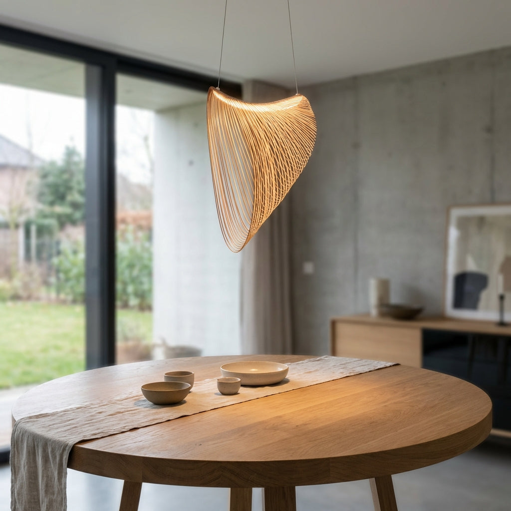 Woven Wood LED Ceiling Fixture 31 in Diameter Organic Sculptural Hanging Light Natural Tone for Dining Kitchen Island Adjustable Cord Scandi