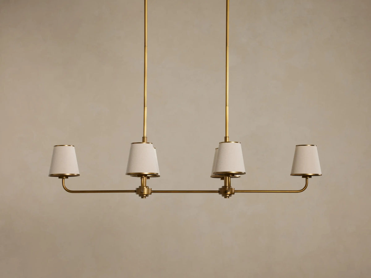 6-Light Rectangular Chandelier with Fabric Shades – Brass Finish – 54×20 in Dining Room Ceiling Fixture for Modern Traditional Homes