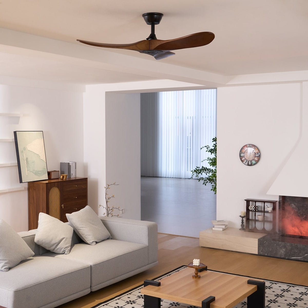 Wooden Blade Ceiling Fan with Remote Control 6 Speed Whisper-Quiet Motor Walnut Finish Adjustable Suspension for Living Room Bedroom Home Of
