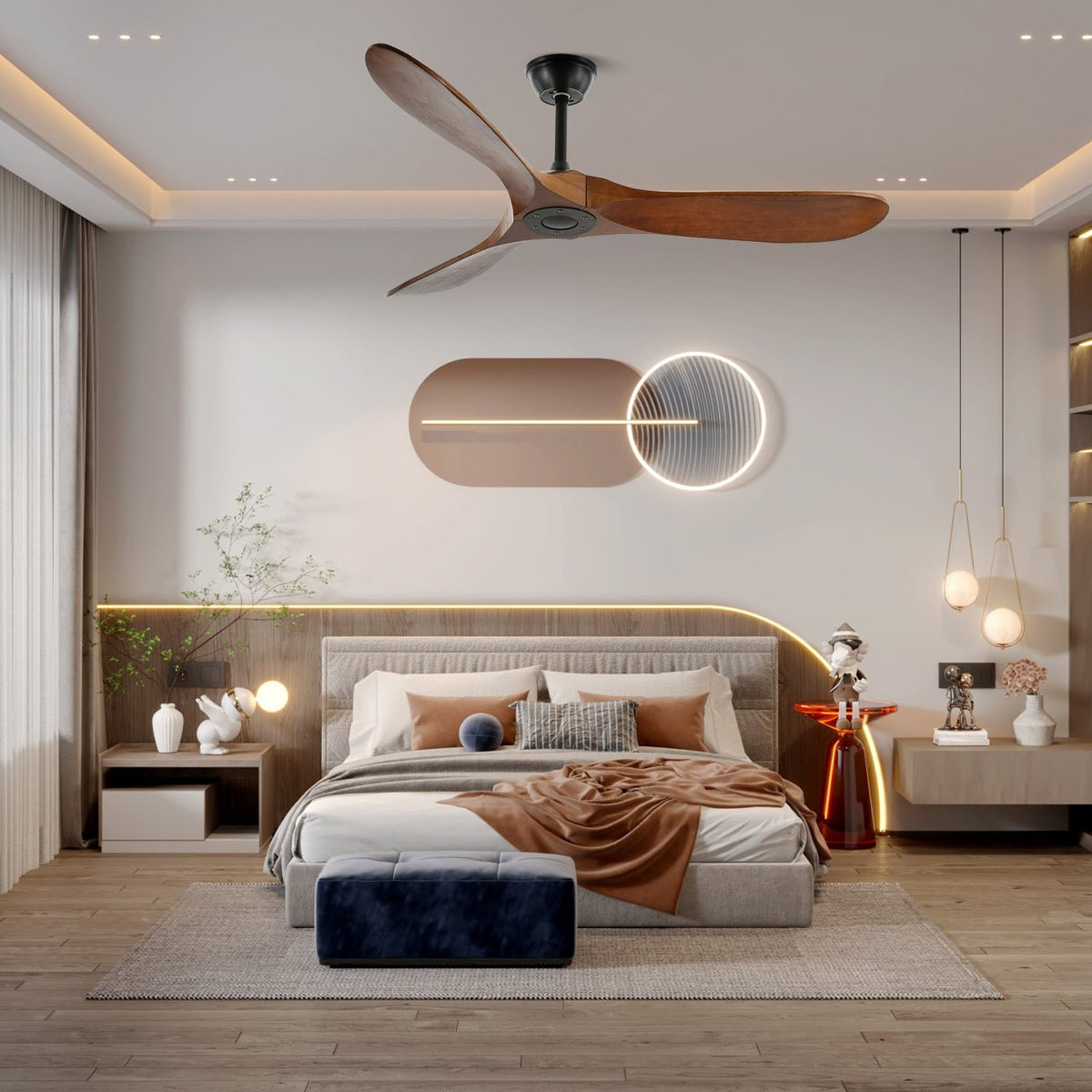 DC Motor Ceiling Fan with Wooden Blades 42 or 52 Inch Diameter Remote Control Indoor Air Circulation for Bedrooms Living Rooms Offices Low N