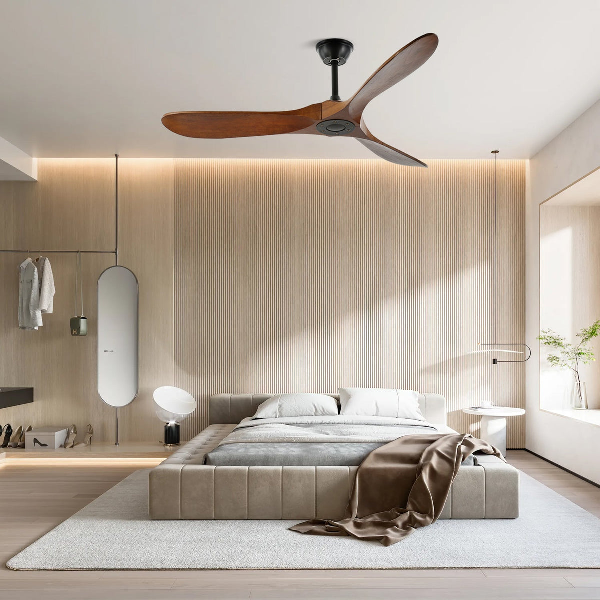 DC Motor Ceiling Fan with Wooden Blades 42 or 52 Inch Diameter Remote Control Indoor Air Circulation for Bedrooms Living Rooms Offices Low N