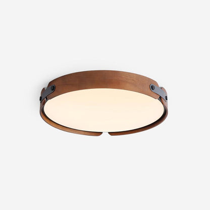 Flush Mount LED Wood Ceiling Light 16.5 in Wireless Dimmer Remote Control for Bedroom Bathroom Hallway Indoor Natural Walnut Finish Low Prof