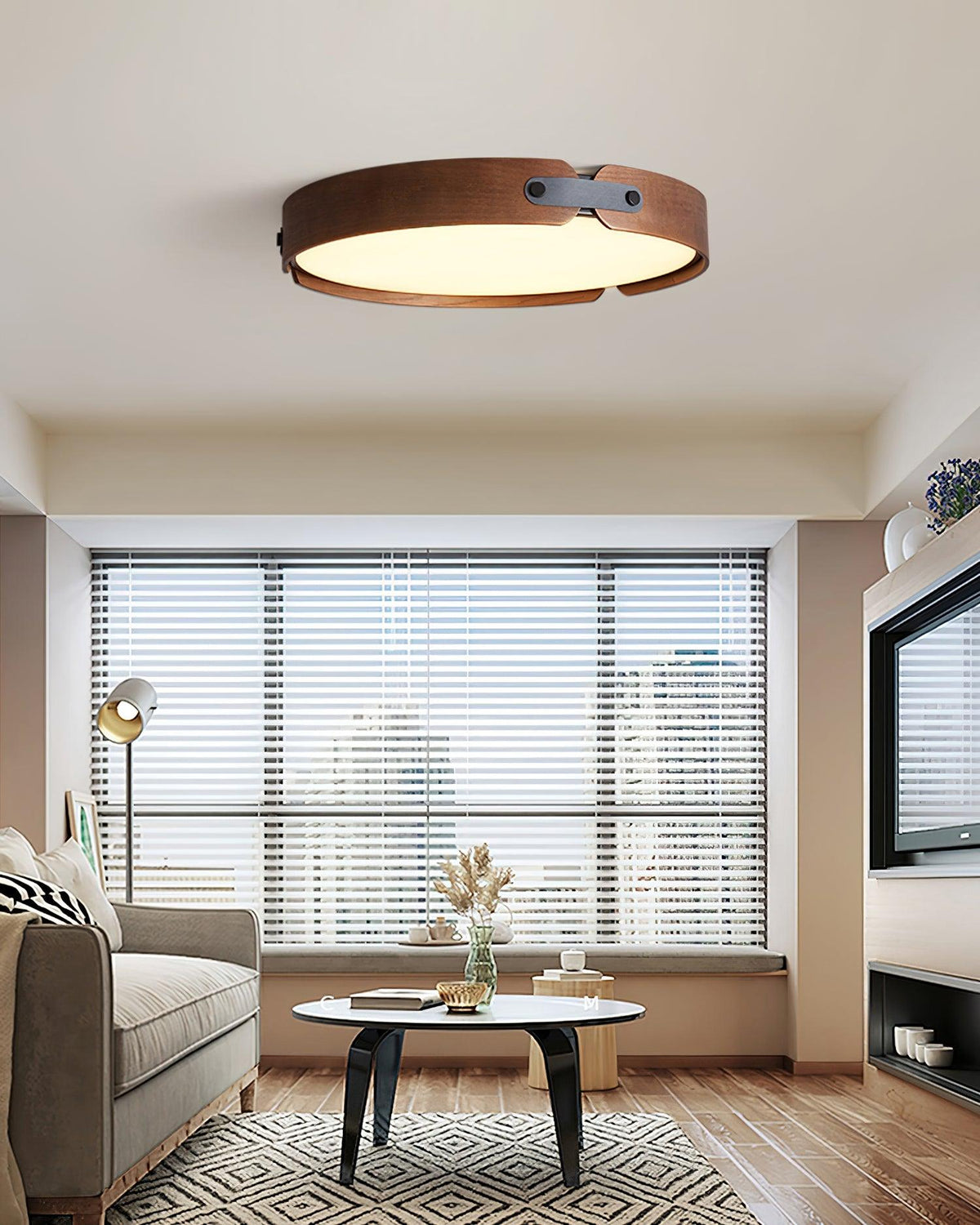 Flush Mount LED Wood Ceiling Light 16.5 in Wireless Dimmer Remote Control for Bedroom Bathroom Hallway Indoor Natural Walnut Finish Low Prof