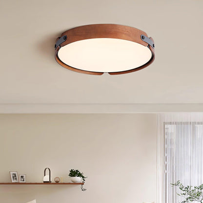 Flush Mount LED Wood Ceiling Light 16.5 in Wireless Dimmer Remote Control for Bedroom Bathroom Hallway Indoor Natural Walnut Finish Low Prof