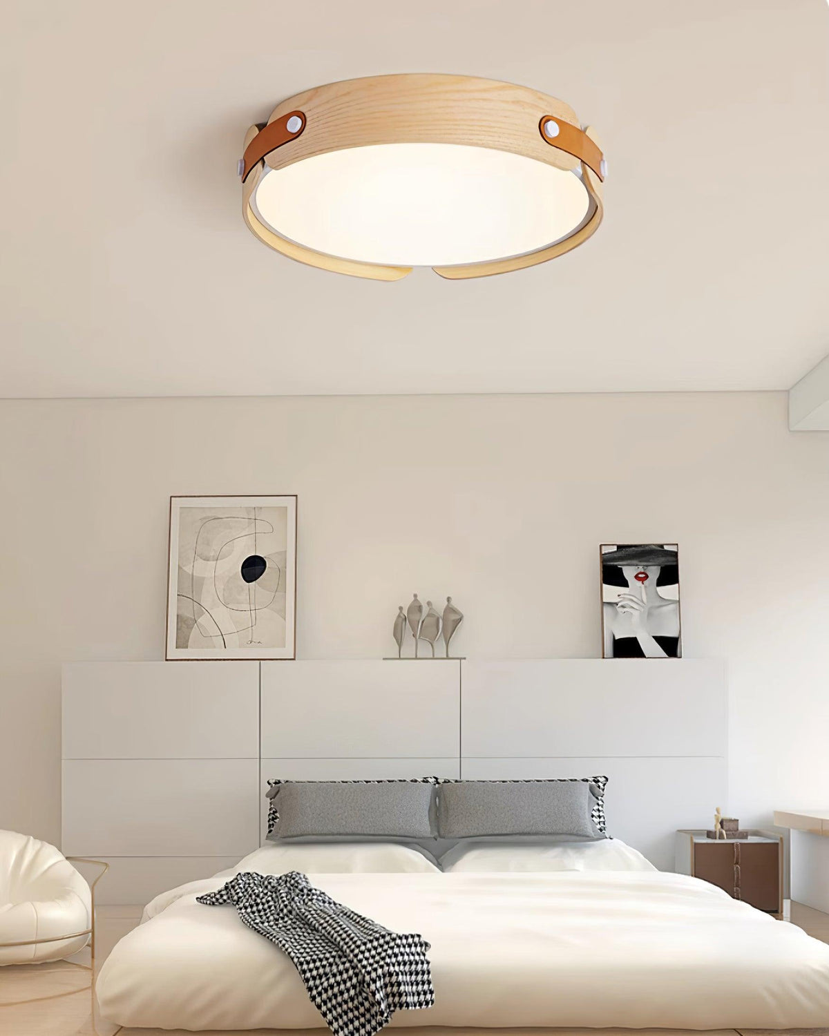Flush Mount LED Wood Ceiling Light 16.5 in Wireless Dimmer Remote Control for Bedroom Bathroom Hallway Indoor Natural Walnut Finish Low Prof