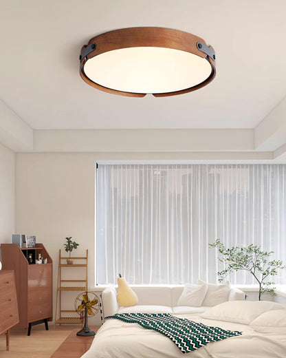 Flush Mount LED Wood Ceiling Light 16.5 in Wireless Dimmer Remote Control for Bedroom Bathroom Hallway Indoor Natural Walnut Finish Low Prof