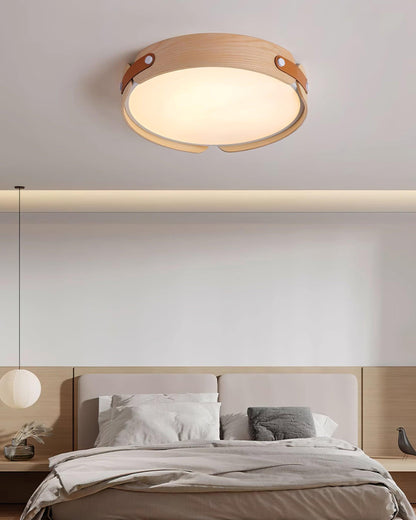 Flush Mount LED Wood Ceiling Light 16.5 in Wireless Dimmer Remote Control for Bedroom Bathroom Hallway Indoor Natural Walnut Finish Low Prof