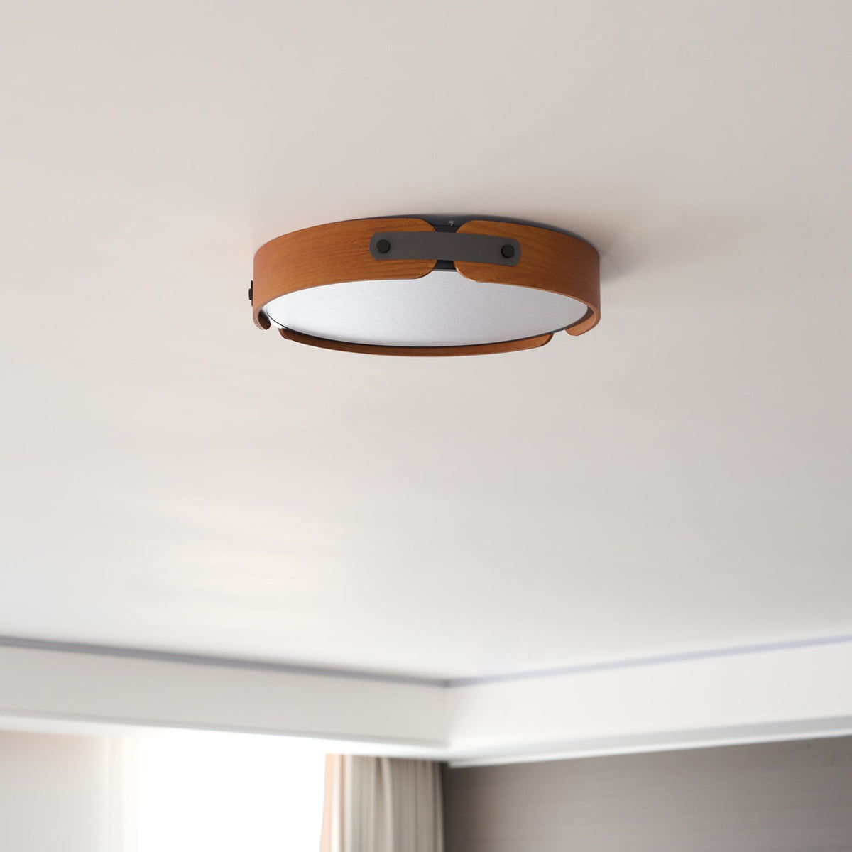 Flush Mount LED Wood Ceiling Light 16.5 in Wireless Dimmer Remote Control for Bedroom Bathroom Hallway Indoor Natural Walnut Finish Low Prof