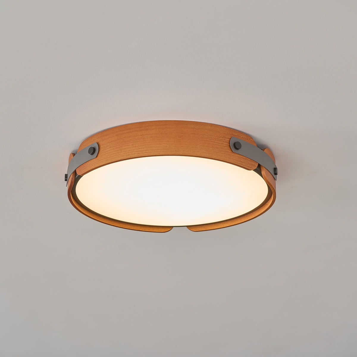 Flush Mount LED Wood Ceiling Light 16.5 in Wireless Dimmer Remote Control for Bedroom Bathroom Hallway Indoor Natural Walnut Finish Low Prof