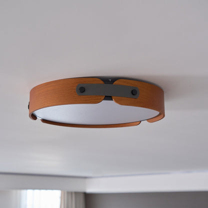 Flush Mount LED Wood Ceiling Light 16.5 in Wireless Dimmer Remote Control for Bedroom Bathroom Hallway Indoor Natural Walnut Finish Low Prof
