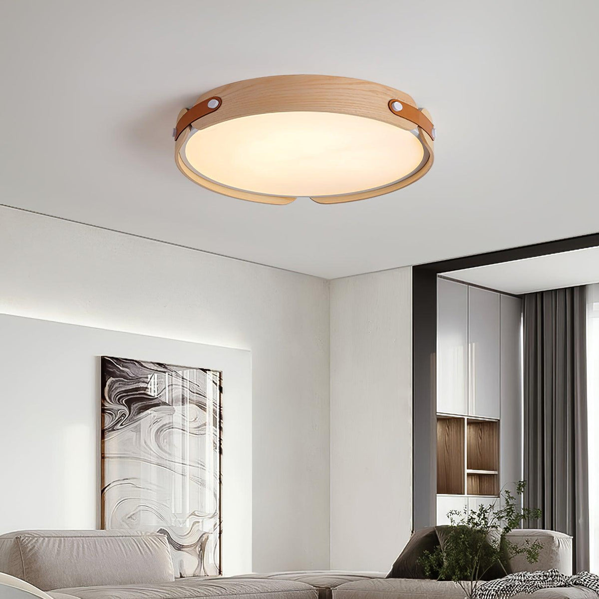 Flush Mount LED Wood Ceiling Light 16.5 in Wireless Dimmer Remote Control for Bedroom Bathroom Hallway Indoor Natural Walnut Finish Low Prof