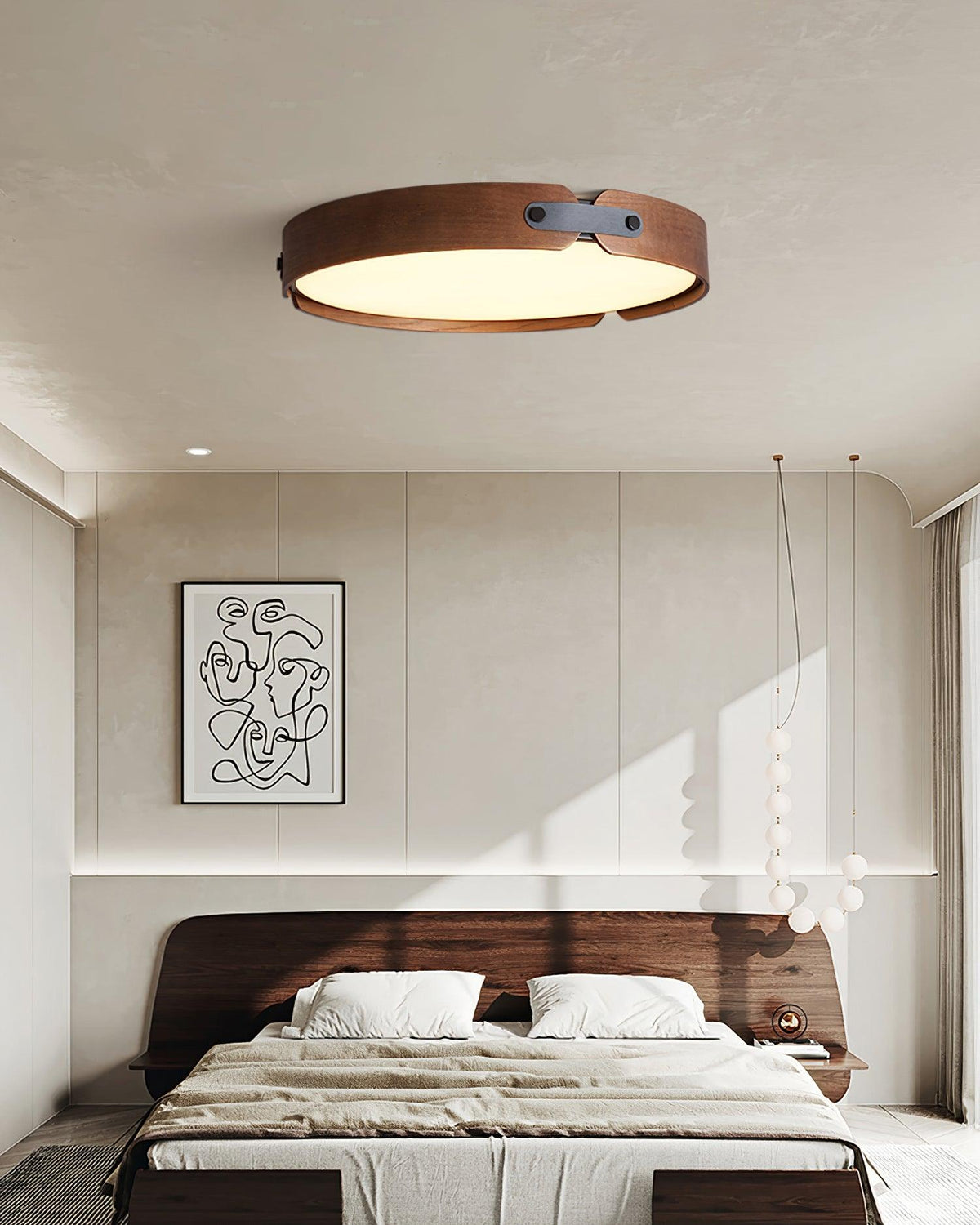 Flush Mount LED Wood Ceiling Light 16.5 in Wireless Dimmer Remote Control for Bedroom Bathroom Hallway Indoor Natural Walnut Finish Low Prof