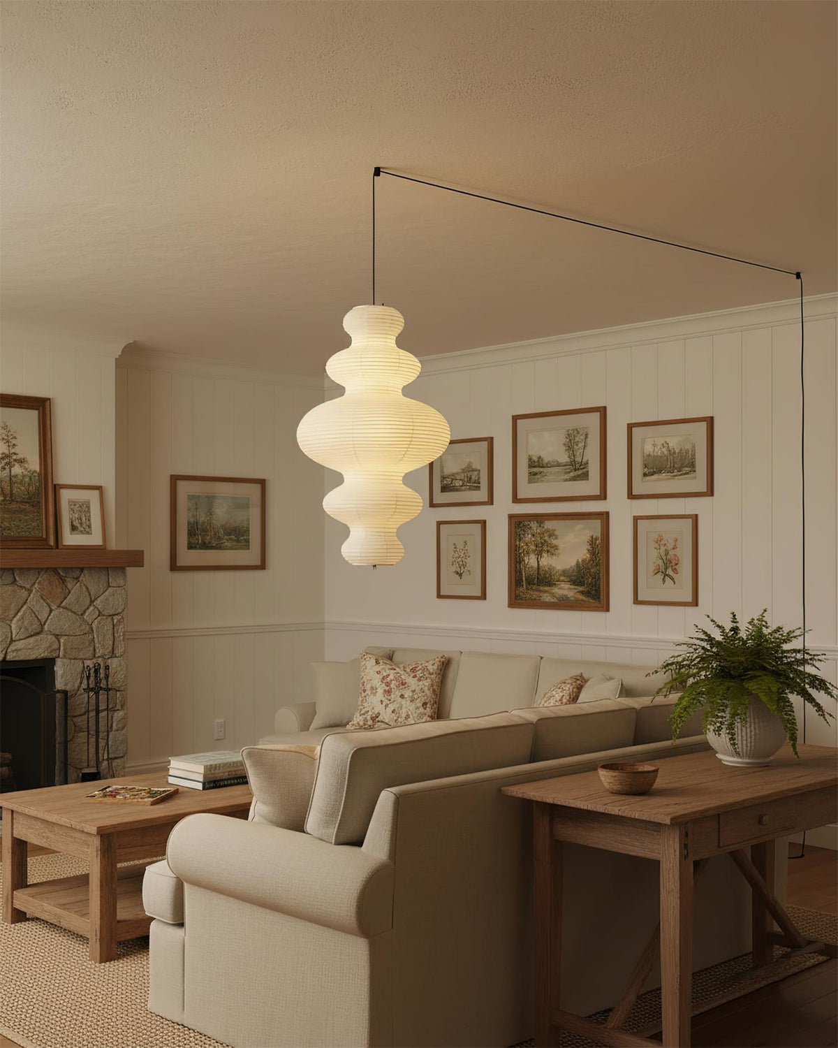 Overhead Suspension Lamp 18.5×32 White Handmade Paper Shade for Dining Table Kitchen Island Contemporary Asian Inspired Ceiling Fixture Adju