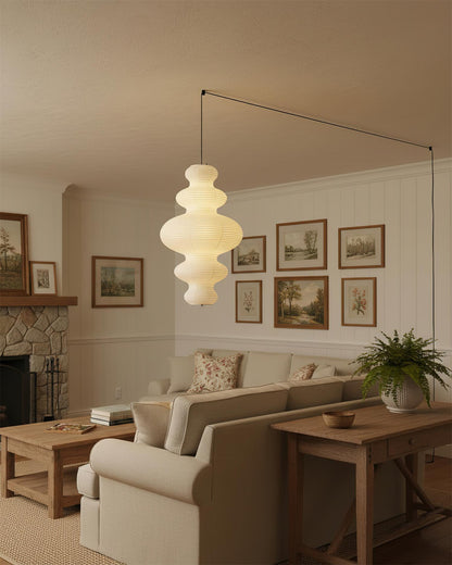 Overhead Suspension Lamp 18.5×32 White Handmade Paper Shade for Dining Table Kitchen Island Contemporary Asian Inspired Ceiling Fixture Adju