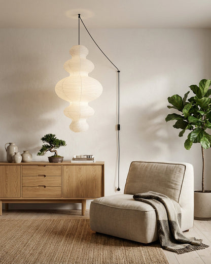 Overhead Suspension Lamp 18.5×32 White Handmade Paper Shade for Dining Table Kitchen Island Contemporary Asian Inspired Ceiling Fixture Adju