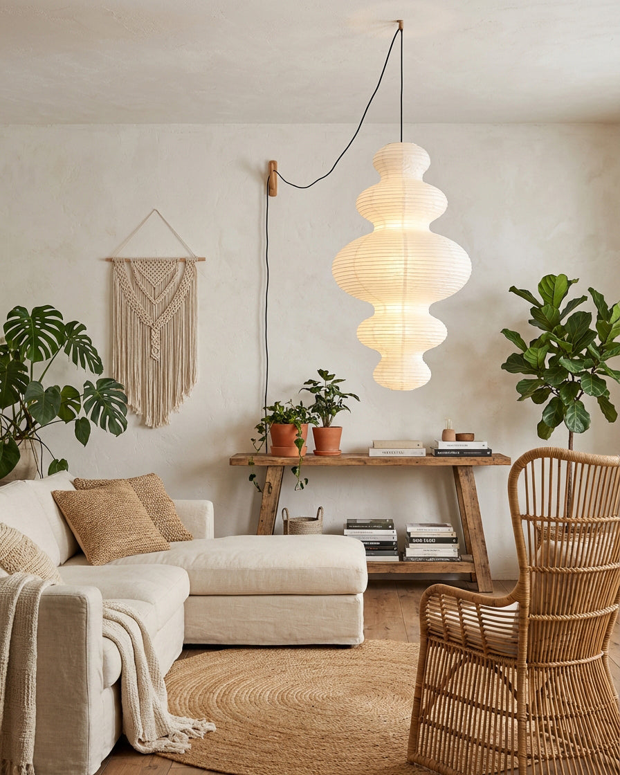 Overhead Suspension Lamp 18.5×32 White Handmade Paper Shade for Dining Table Kitchen Island Contemporary Asian Inspired Ceiling Fixture Adju