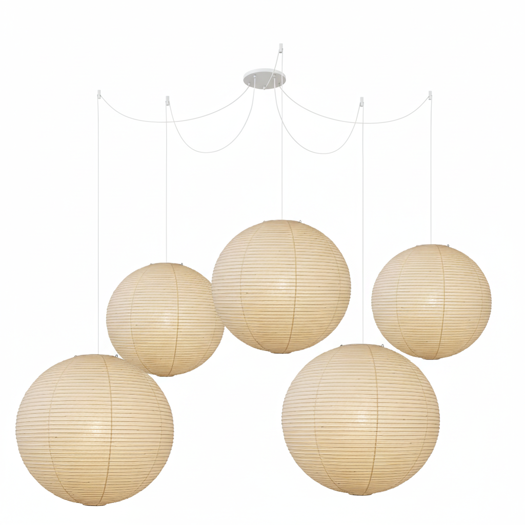 Spherical Wire-Frame Ceiling Fixture with Paper Diffuser for Kitchens & Dining Spaces – Sculptural Overhead Lighting – Adjustable Height Up