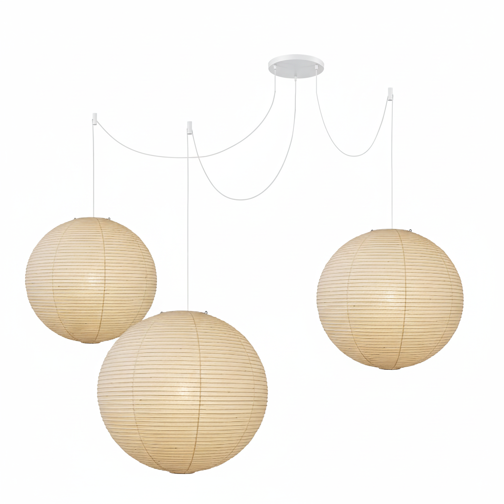 Spherical Wire-Frame Ceiling Fixture with Paper Diffuser for Kitchens & Dining Spaces – Sculptural Overhead Lighting – Adjustable Height Up