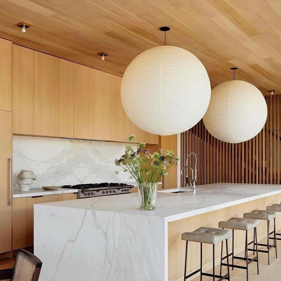 Spherical Hanging Lamp with Cotton Paper Shade & Adjustable Cord for Dining Room, Kitchen, Living Space | Modern Overhead Fixture