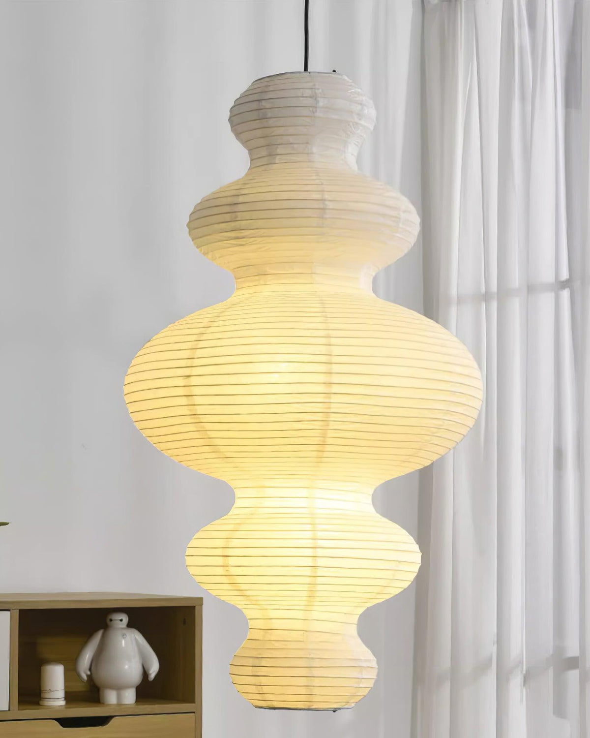 Hanging Lantern Fixture 19-Inch Natural Fiber Shade White Orb Ceiling Light Adjustable 59-Inch Cord for Dining Room Kitchen Island Asian-Ins