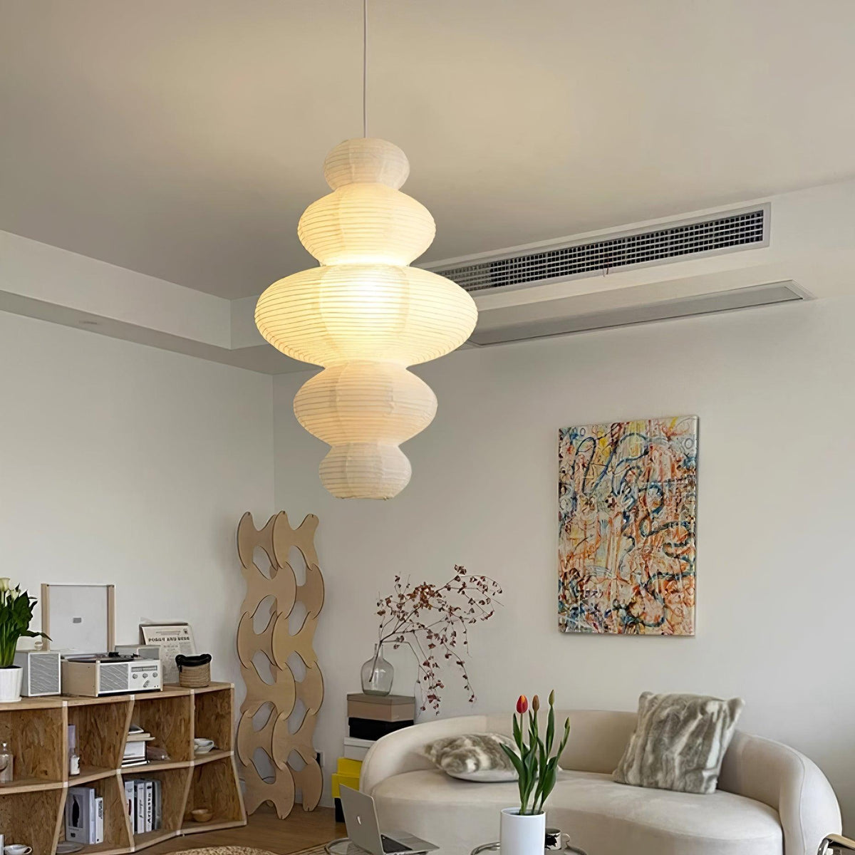 Hanging Lantern Fixture 19-Inch Natural Fiber Shade White Orb Ceiling Light Adjustable 59-Inch Cord for Dining Room Kitchen Island Asian-Ins