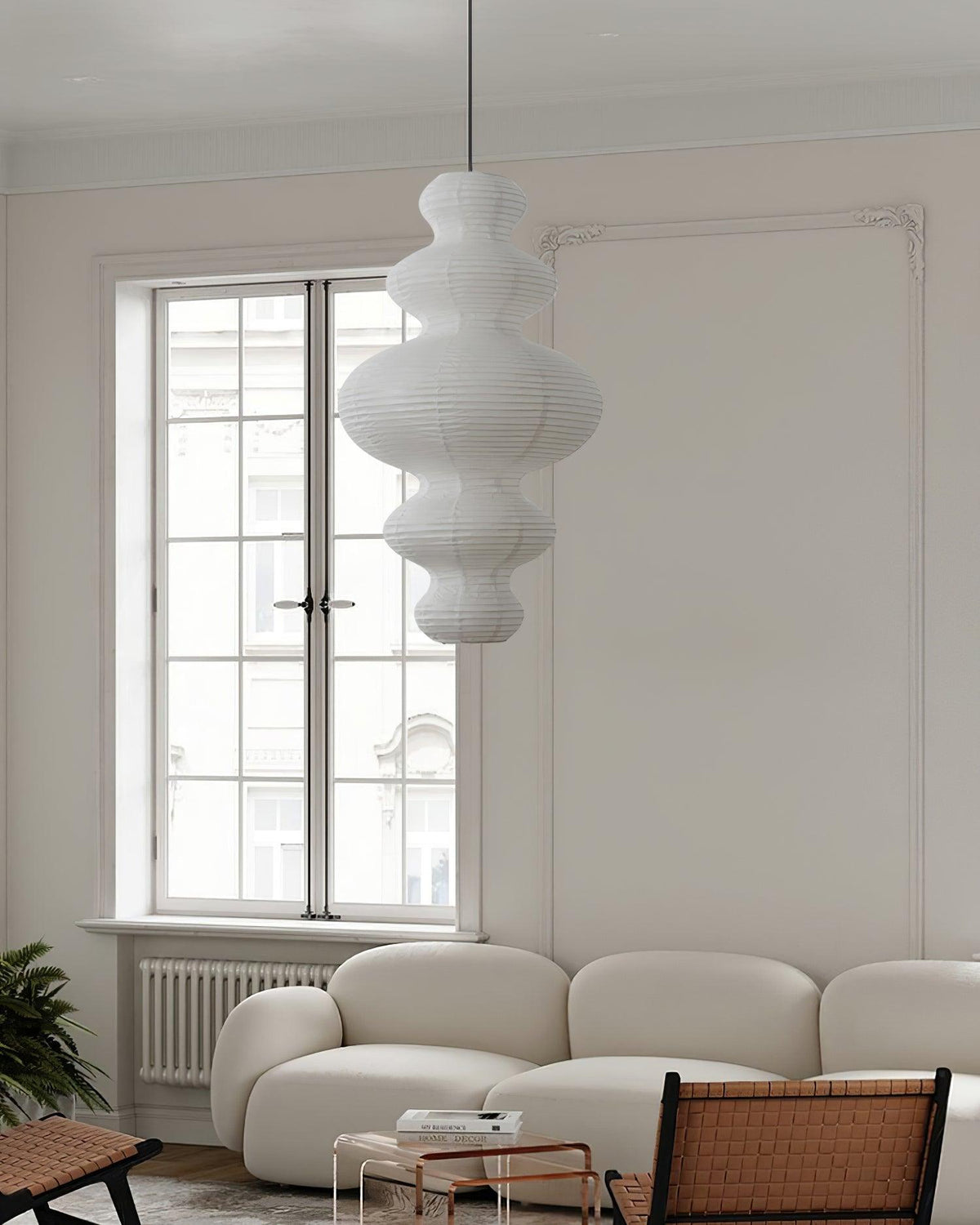 Hanging Lantern Fixture 19-Inch Natural Fiber Shade White Orb Ceiling Light Adjustable 59-Inch Cord for Dining Room Kitchen Island Asian-Ins