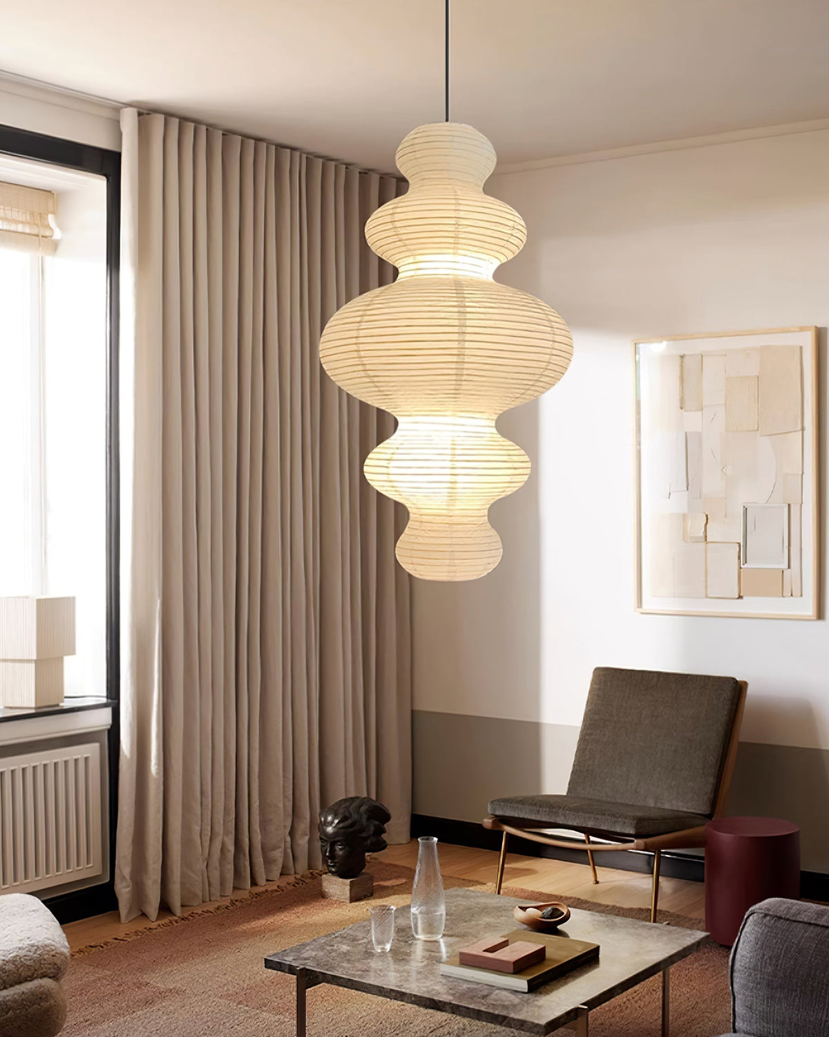 Overhead Suspension Lamp 18.5×32 White Handmade Paper Shade for Dining Table Kitchen Island Contemporary Asian Inspired Ceiling Fixture Adju