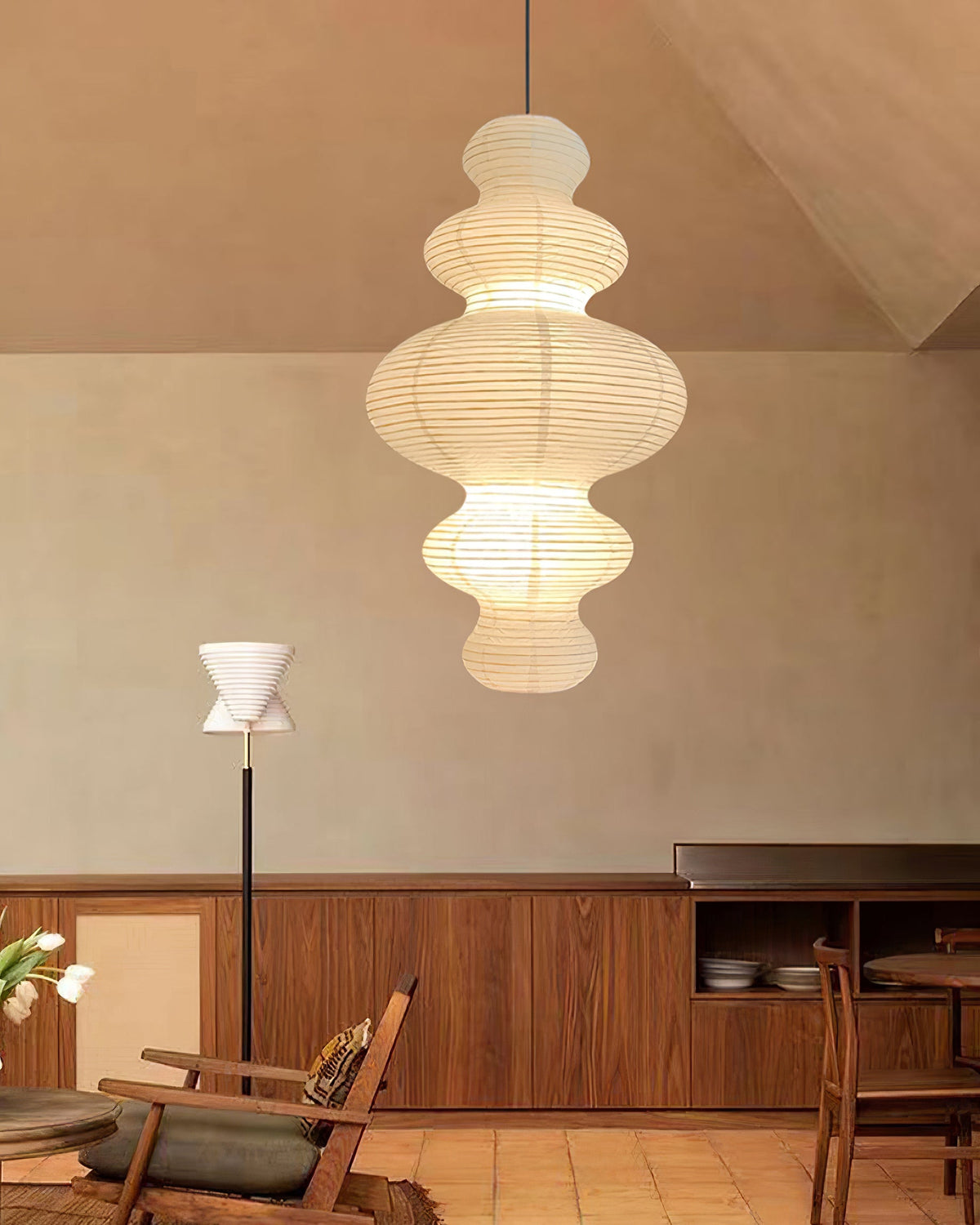 Overhead Suspension Lamp 18.5×32 White Handmade Paper Shade for Dining Table Kitchen Island Contemporary Asian Inspired Ceiling Fixture Adju
