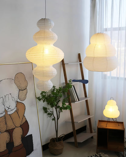 Overhead Suspension Lamp 18.5×32 White Handmade Paper Shade for Dining Table Kitchen Island Contemporary Asian Inspired Ceiling Fixture Adju